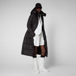 Save The Duck Colette Long Puffer Coat with Detachable Hood Marrones Negras | EOGFJ3489
