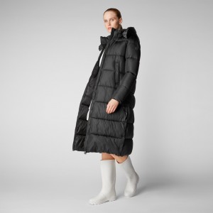 Save The Duck Colette Long Puffer Coat with Detachable Hood Negras | LBCPM1495
