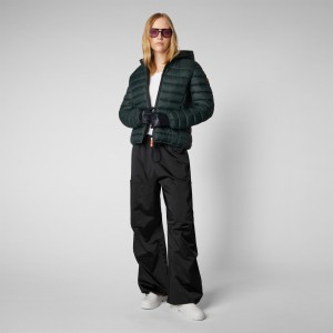 Save The Duck Ethel Encapuchado Puffer Jacket with Faux Fur Lining Verde Negras | GVODS9283