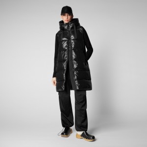 Save The Duck Iria Long Encapuchado Puffer Vest Negras | YOFBM4325