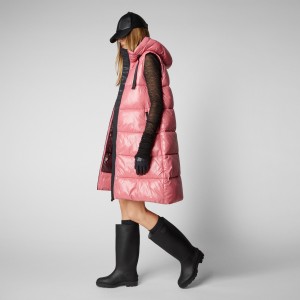Save The Duck Iria Long Encapuchado Puffer Vest Rosas | EDTYC4157
