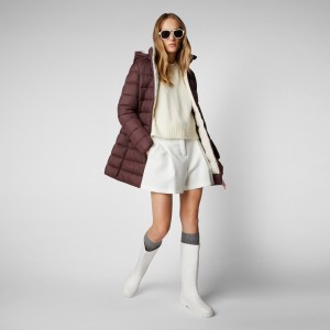 Save The Duck Joanne Puffer Coat with Faux Fur Lining & Detachable Hood Burdeos Negras | GLXDN6203