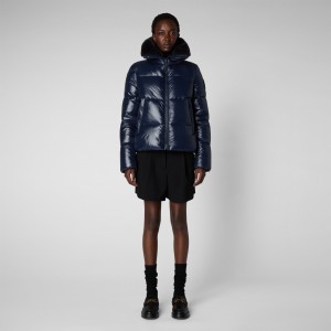 Save The Duck Moma Puffer Jacket with Faux Fur Lining Azules Negras | TOLYA8935