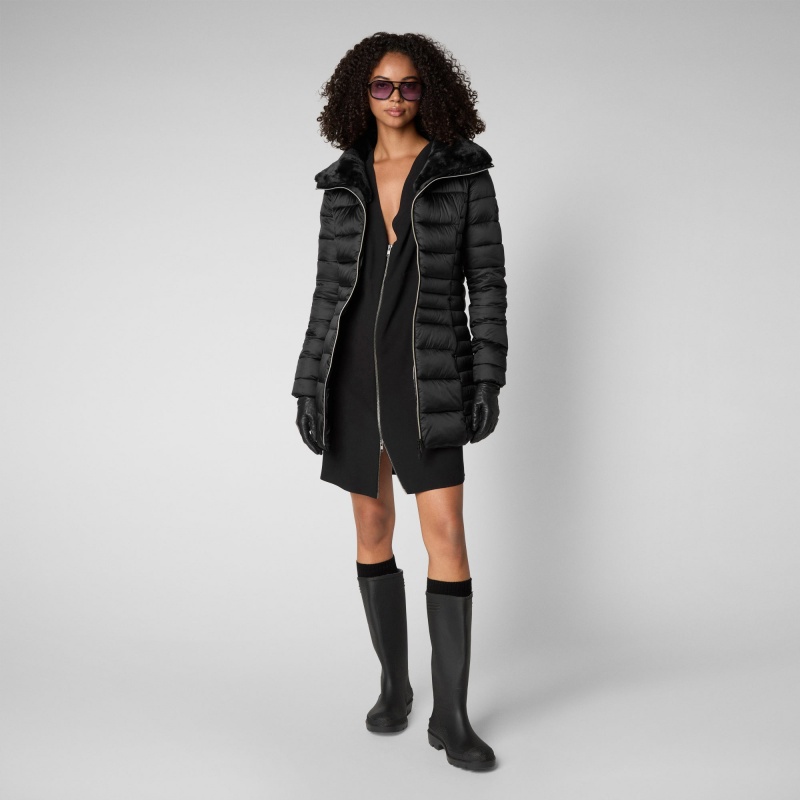 Save The Duck Caroline Puffer Coat with Faux Fur Collar Negras | ADCVK5236