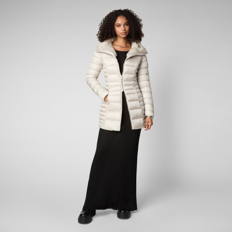 Save The Duck Caroline Puffer Coat with Faux Fur Collar Beige | SEVQA2903