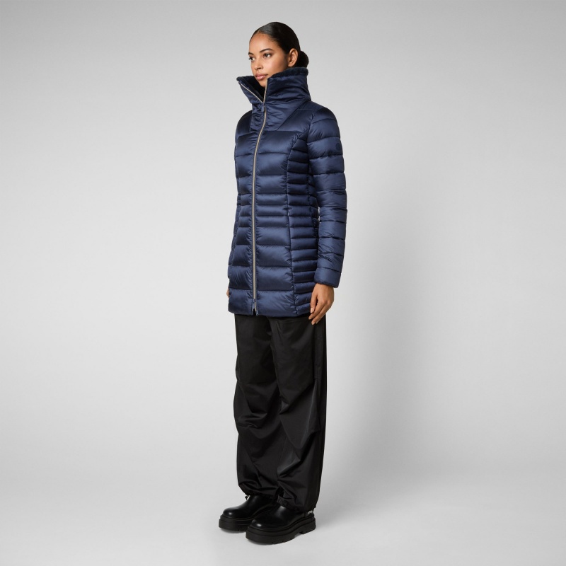 Save The Duck Caroline Puffer Coat with Faux Fur Collar Azules Negras | AVMDR7245