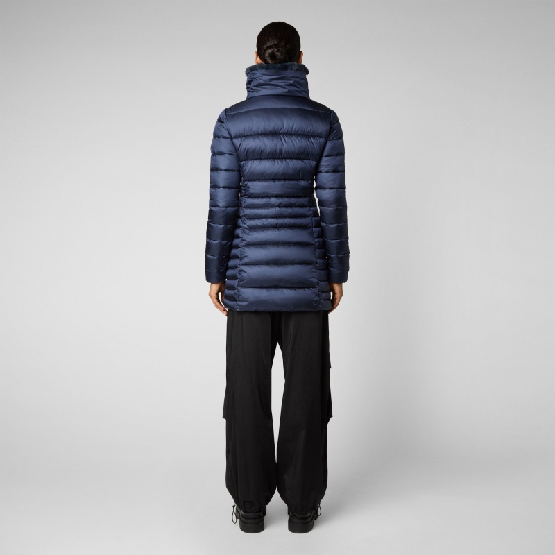 Save The Duck Caroline Puffer Coat with Faux Fur Collar Azules Negras | AVMDR7245