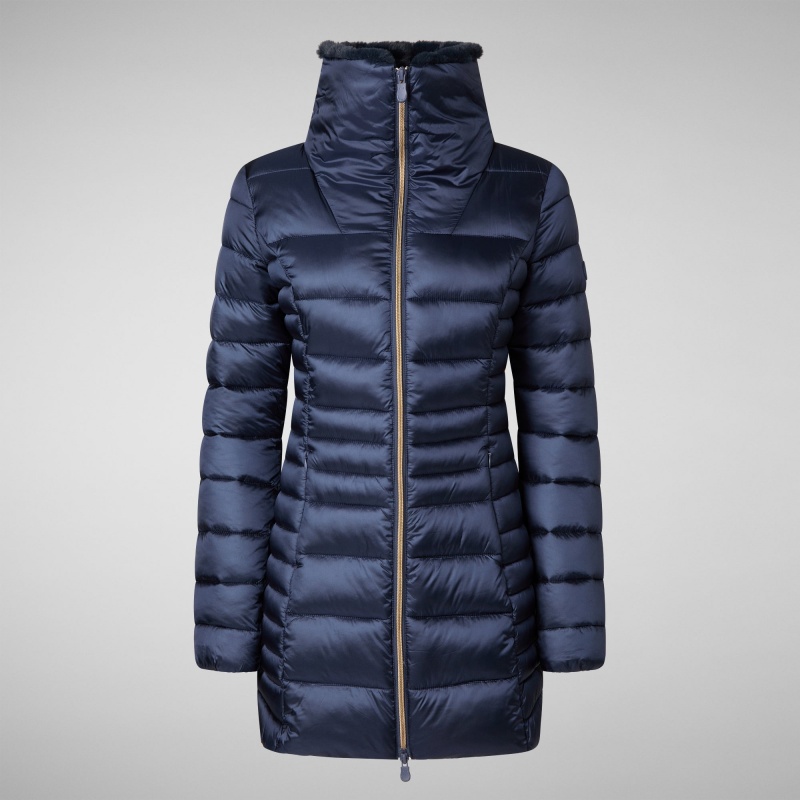Save The Duck Caroline Puffer Coat with Faux Fur Collar Azules Negras | AVMDR7245