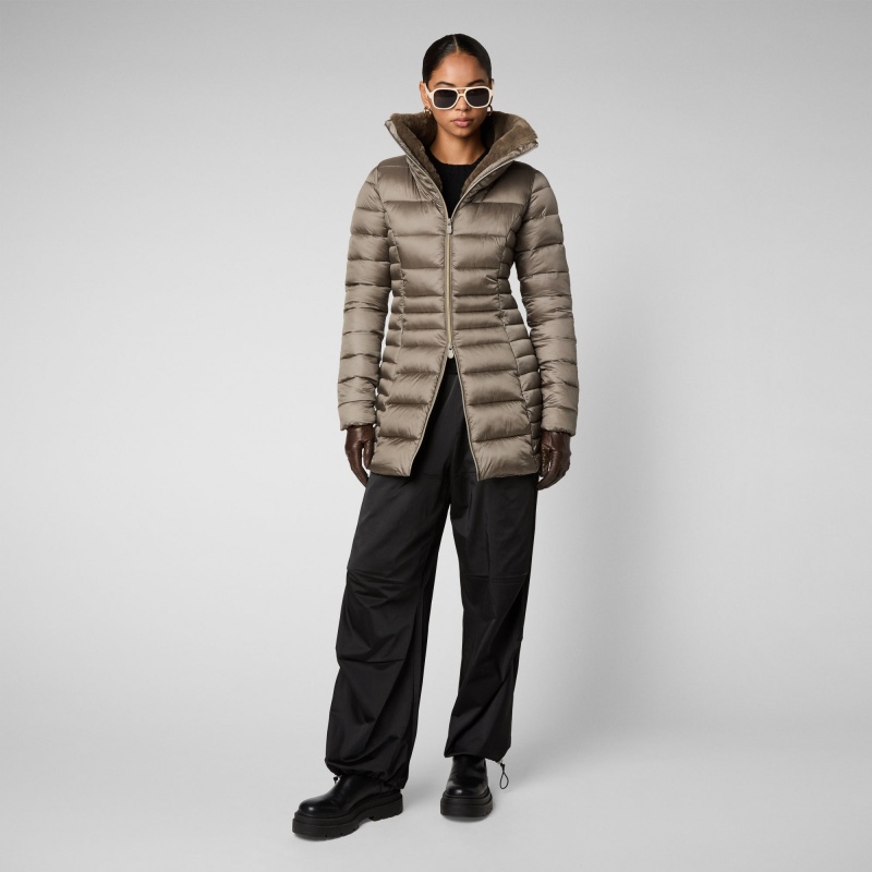 Save The Duck Caroline Puffer Coat with Faux Fur Collar Gris | UQXSO1246