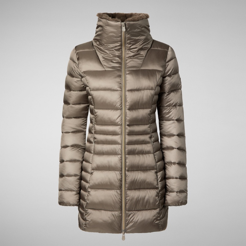 Save The Duck Caroline Puffer Coat with Faux Fur Collar Gris | UQXSO1246