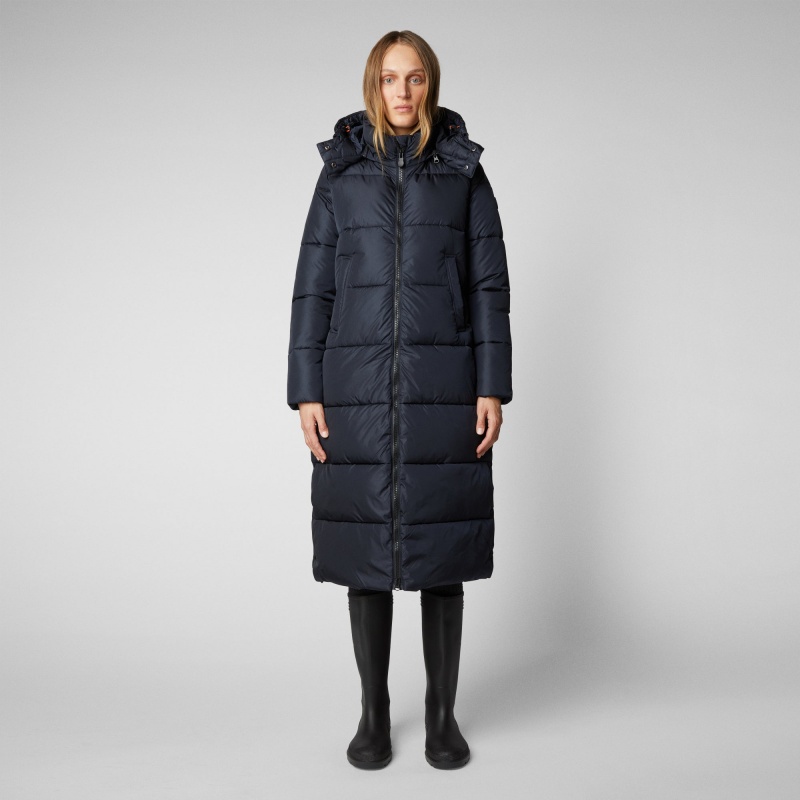 Save The Duck Colette Long Puffer Coat with Detachable Hood Azules Negras | TFLHE4561