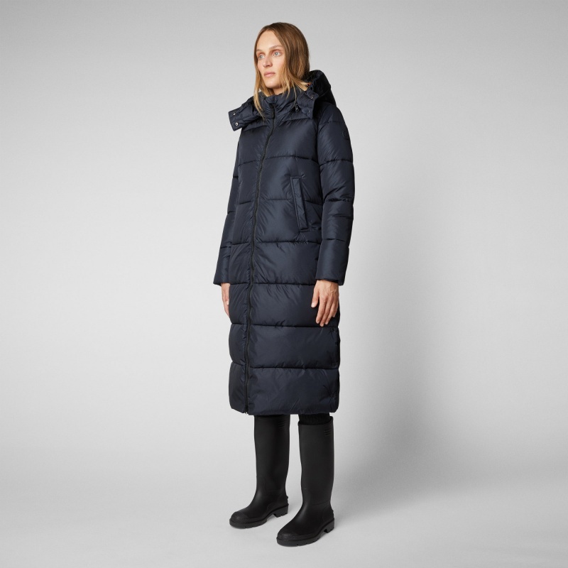 Save The Duck Colette Long Puffer Coat with Detachable Hood Azules Negras | TFLHE4561