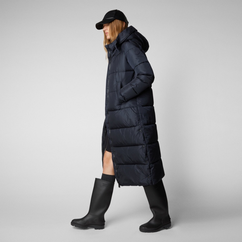 Save The Duck Colette Long Puffer Coat with Detachable Hood Azules Negras | TFLHE4561