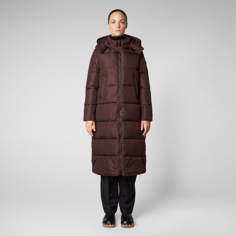 Save The Duck Colette Long Puffer Coat with Detachable Hood Burdeos Negras | MUZVO7150