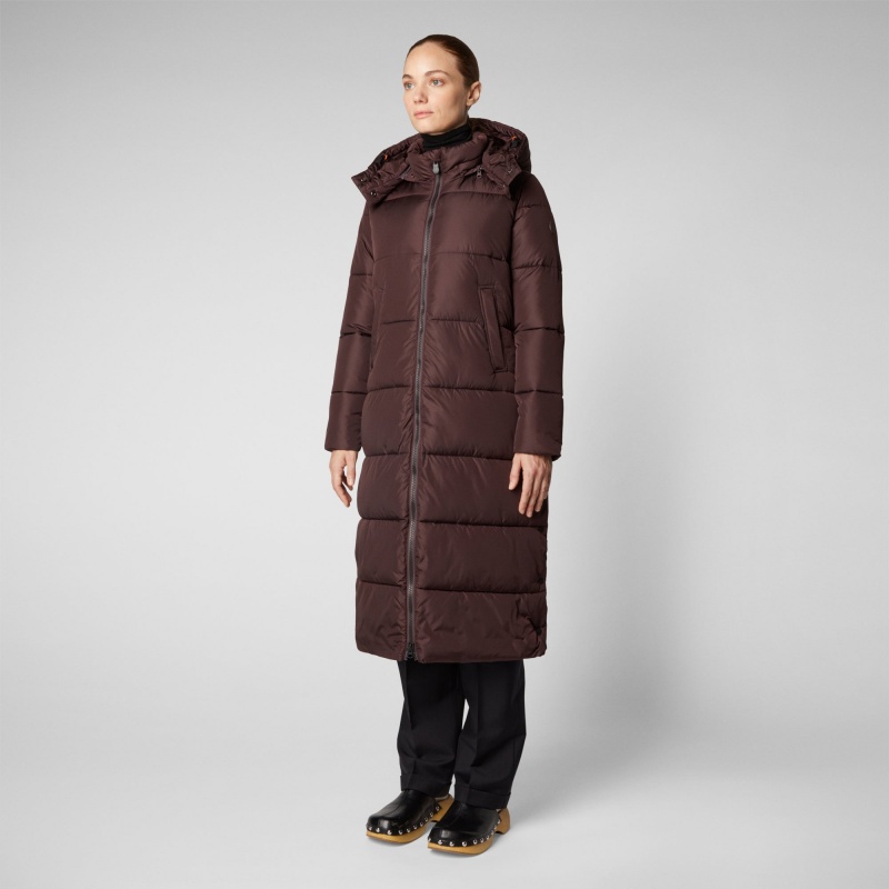 Save The Duck Colette Long Puffer Coat with Detachable Hood Burdeos Negras | MUZVO7150