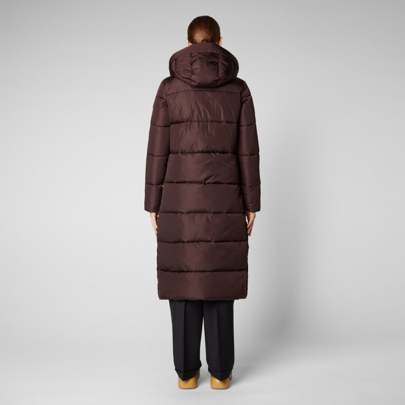 Save The Duck Colette Long Puffer Coat with Detachable Hood Burdeos Negras | MUZVO7150