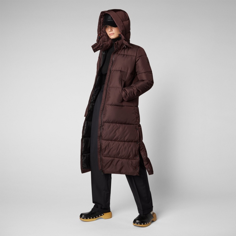 Save The Duck Colette Long Puffer Coat with Detachable Hood Burdeos Negras | MUZVO7150