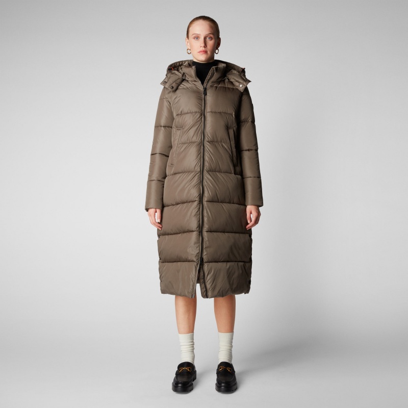 Save The Duck Colette Long Puffer Coat with Detachable Hood Gris | ERXSB3510