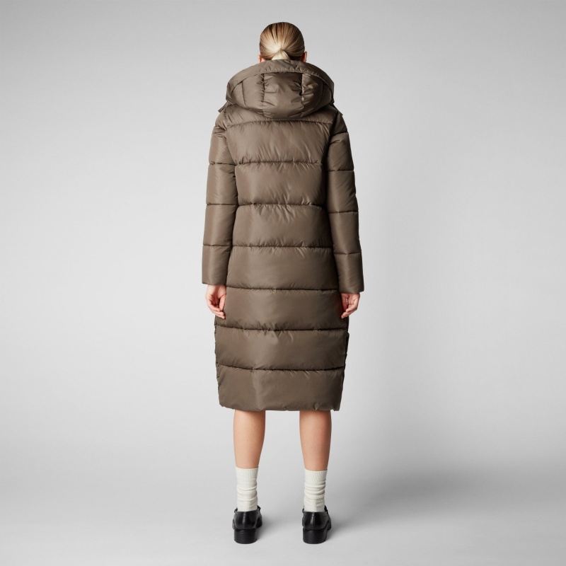 Save The Duck Colette Long Puffer Coat with Detachable Hood Gris | ERXSB3510