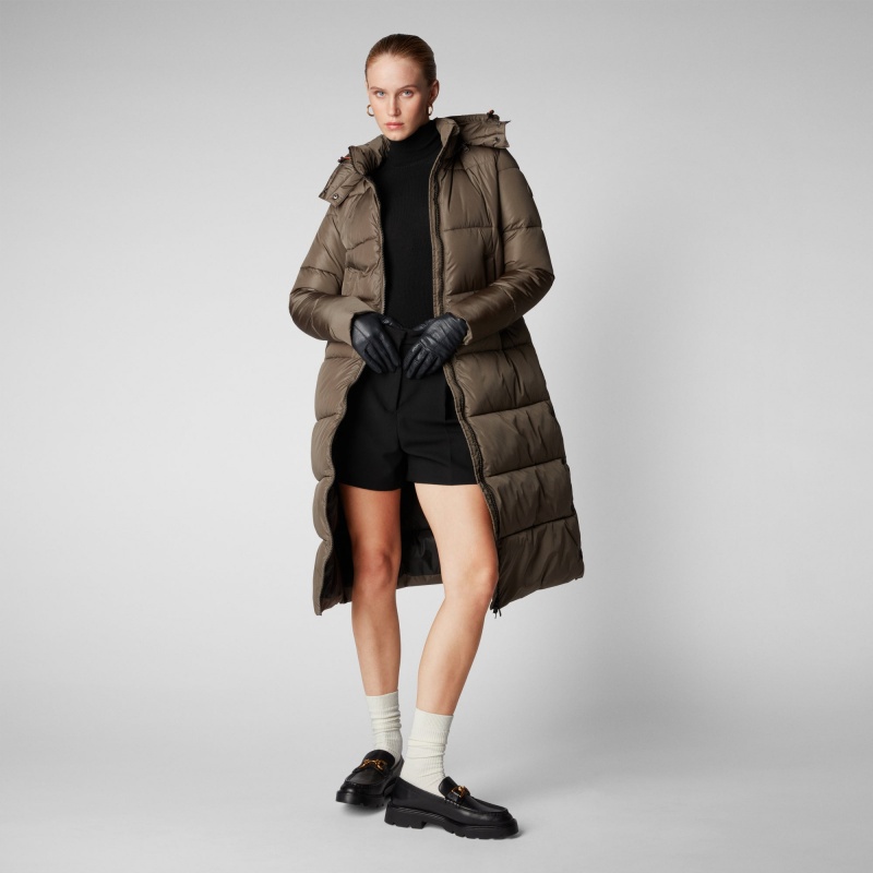 Save The Duck Colette Long Puffer Coat with Detachable Hood Gris | ERXSB3510