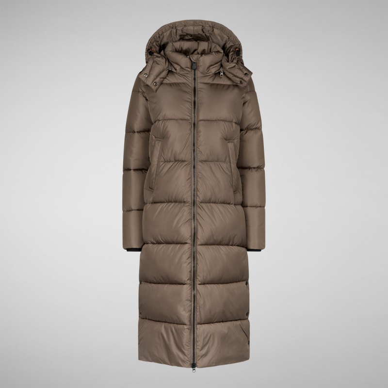 Save The Duck Colette Long Puffer Coat with Detachable Hood Gris | ERXSB3510