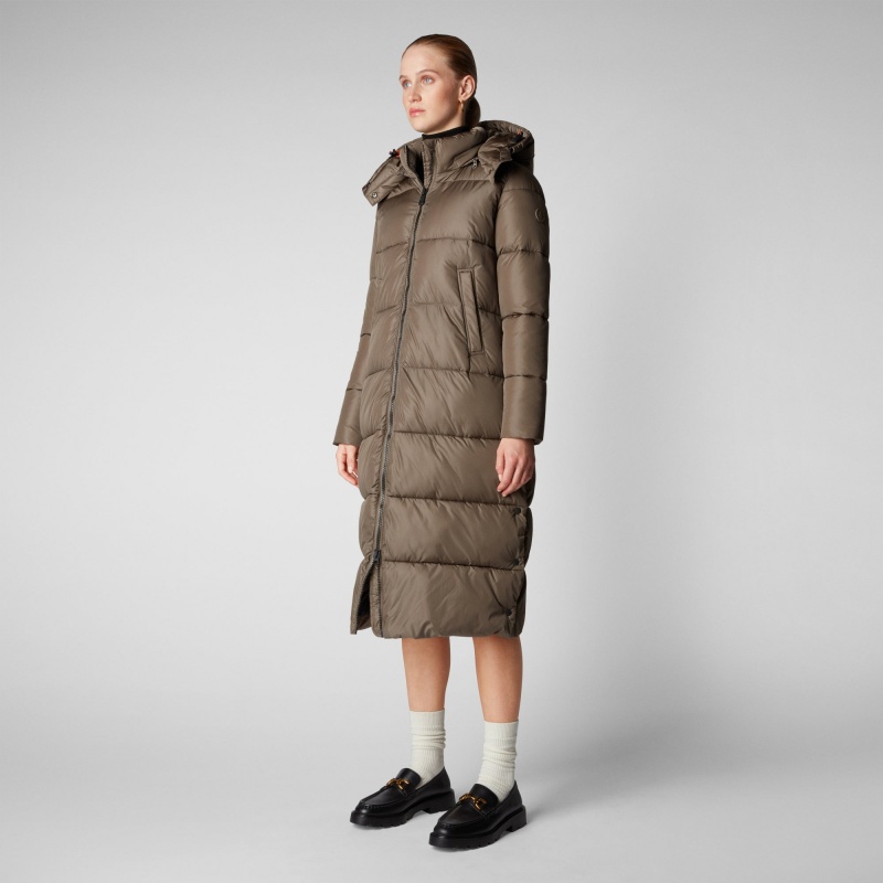 Save The Duck Colette Long Puffer Coat with Detachable Hood Gris | ERXSB3510