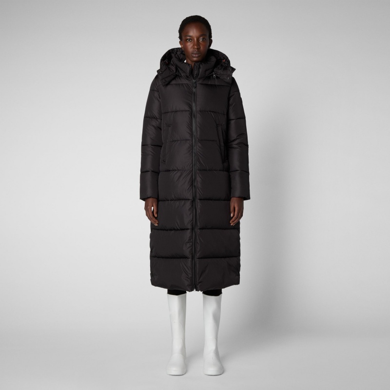 Save The Duck Colette Long Puffer Coat with Detachable Hood Marrones Negras | EOGFJ3489