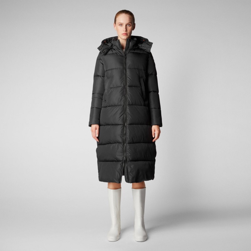 Save The Duck Colette Long Puffer Coat with Detachable Hood Negras | LBCPM1495