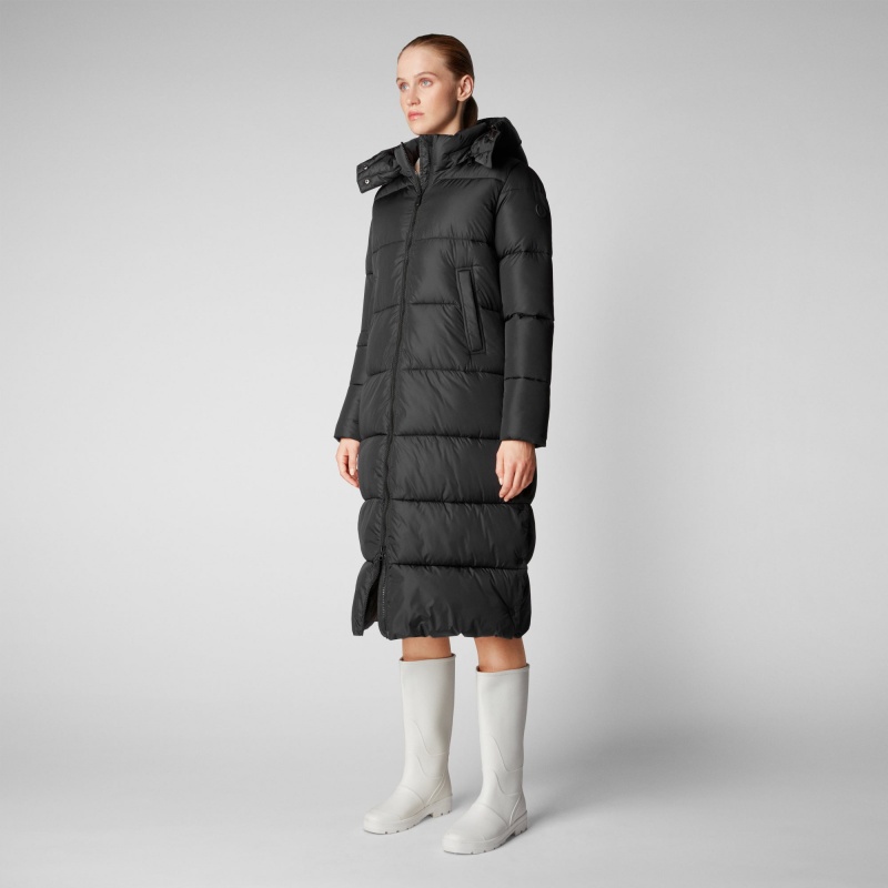 Save The Duck Colette Long Puffer Coat with Detachable Hood Negras | LBCPM1495