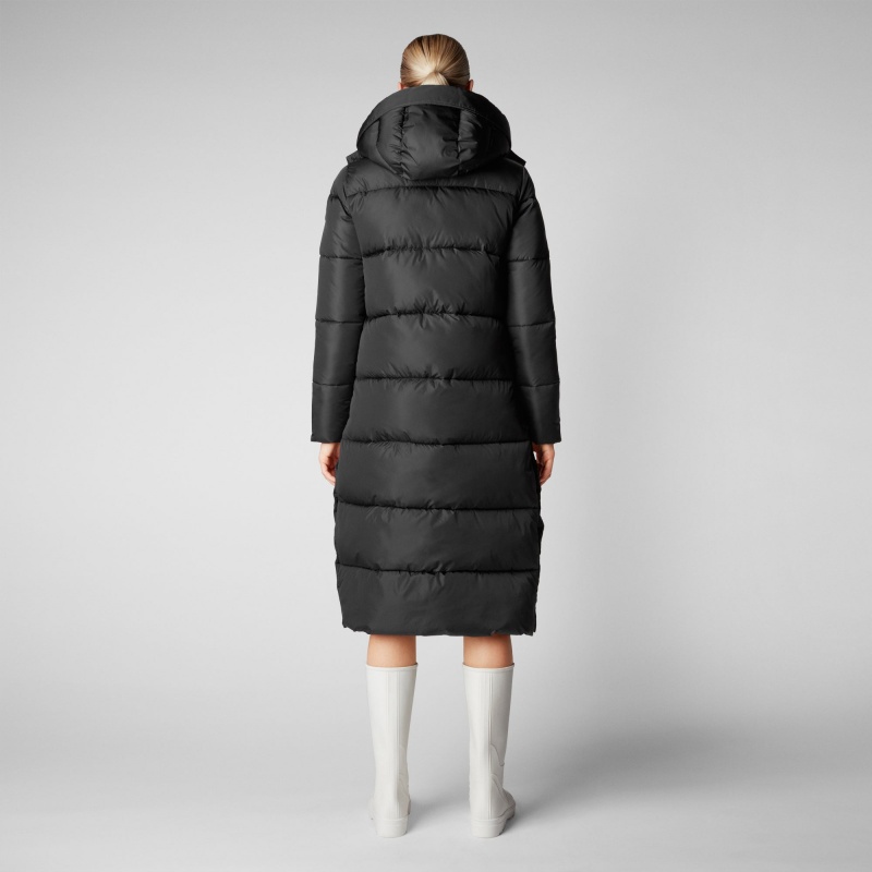 Save The Duck Colette Long Puffer Coat with Detachable Hood Negras | LBCPM1495