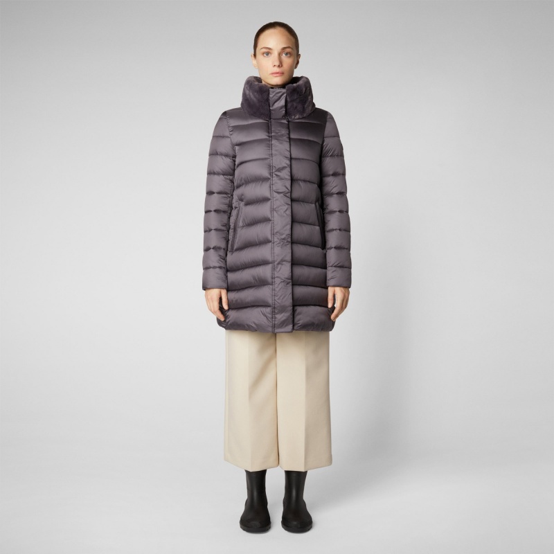 Save The Duck Dalea Puffer Coat with Faux Fur Collar Moradas | IZNWF3198
