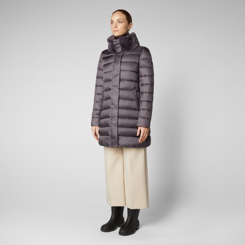 Save The Duck Dalea Puffer Coat with Faux Fur Collar Moradas | IZNWF3198