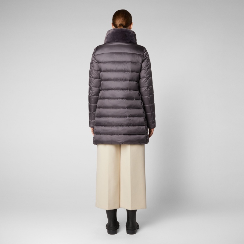 Save The Duck Dalea Puffer Coat with Faux Fur Collar Moradas | IZNWF3198