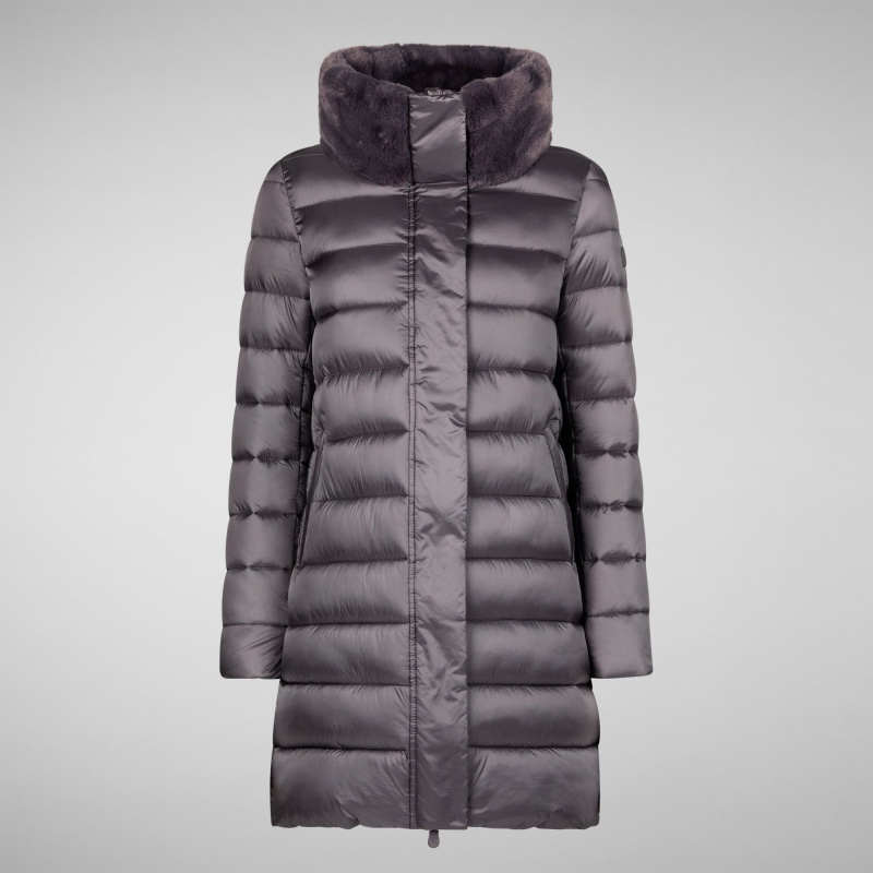 Save The Duck Dalea Puffer Coat with Faux Fur Collar Moradas | IZNWF3198
