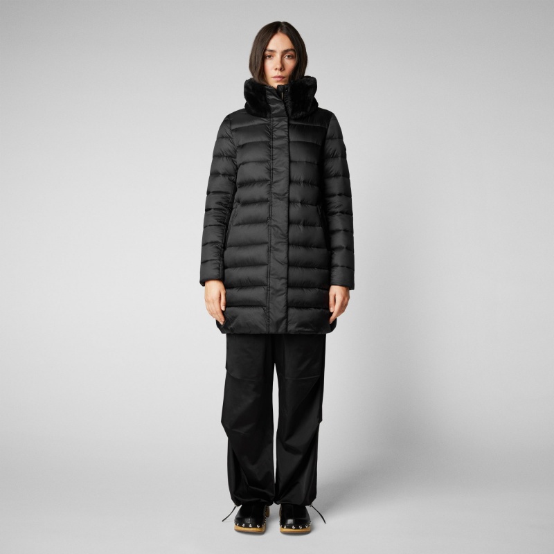Save The Duck Dalea Puffer Coat with Faux Fur Collar Negras | BJOWL4685