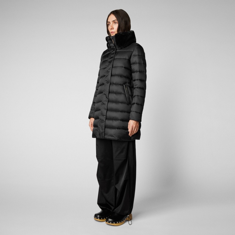 Save The Duck Dalea Puffer Coat with Faux Fur Collar Negras | BJOWL4685