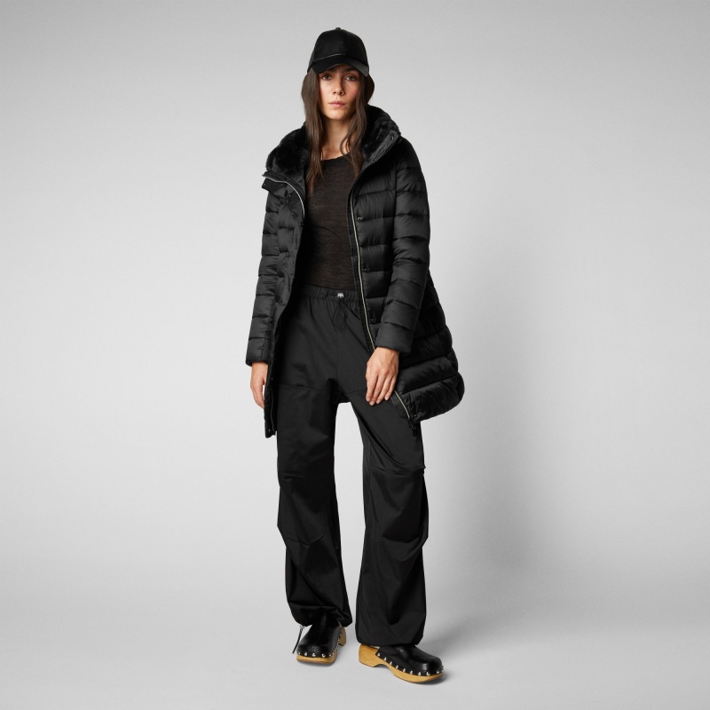 Save The Duck Dalea Puffer Coat with Faux Fur Collar Negras | BJOWL4685