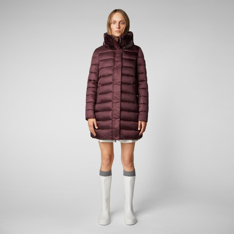 Save The Duck Dalea Puffer Coat with Faux Fur Collar Burdeos Negras | ZQFPO2495