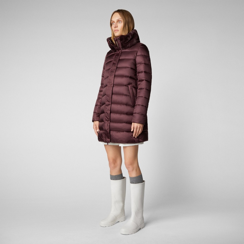 Save The Duck Dalea Puffer Coat with Faux Fur Collar Burdeos Negras | ZQFPO2495