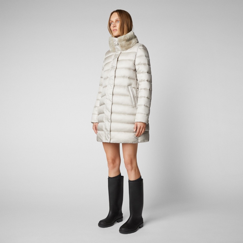 Save The Duck Dalea Puffer Coat with Faux Fur Collar Beige | OEXPS1598