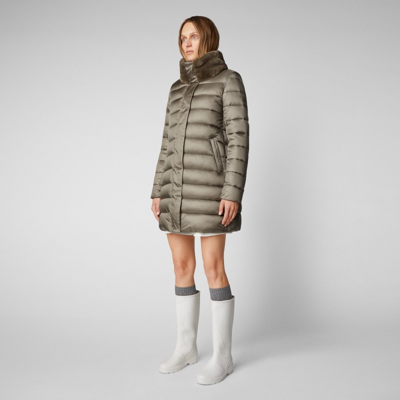Save The Duck Dalea Puffer Coat with Faux Fur Collar Gris | YEIHP0428