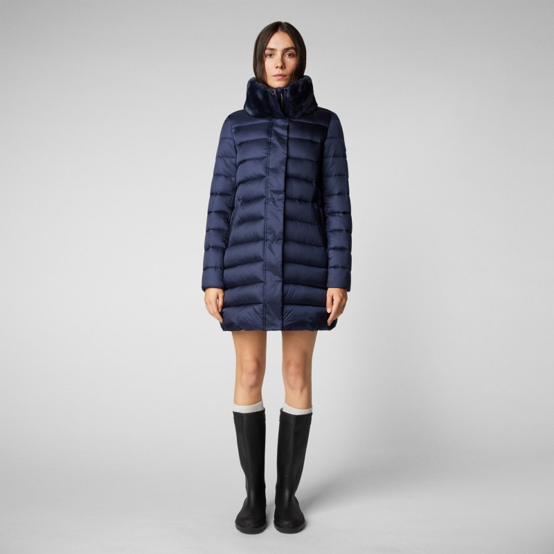 Save The Duck Dalea Puffer Coat with Faux Fur Collar Azules Negras | KNDQG7893