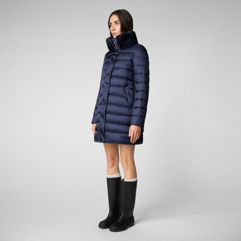 Save The Duck Dalea Puffer Coat with Faux Fur Collar Azules Negras | KNDQG7893