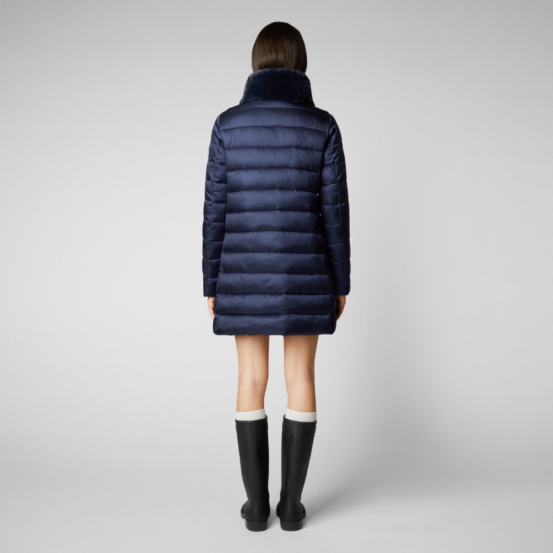 Save The Duck Dalea Puffer Coat with Faux Fur Collar Azules Negras | KNDQG7893