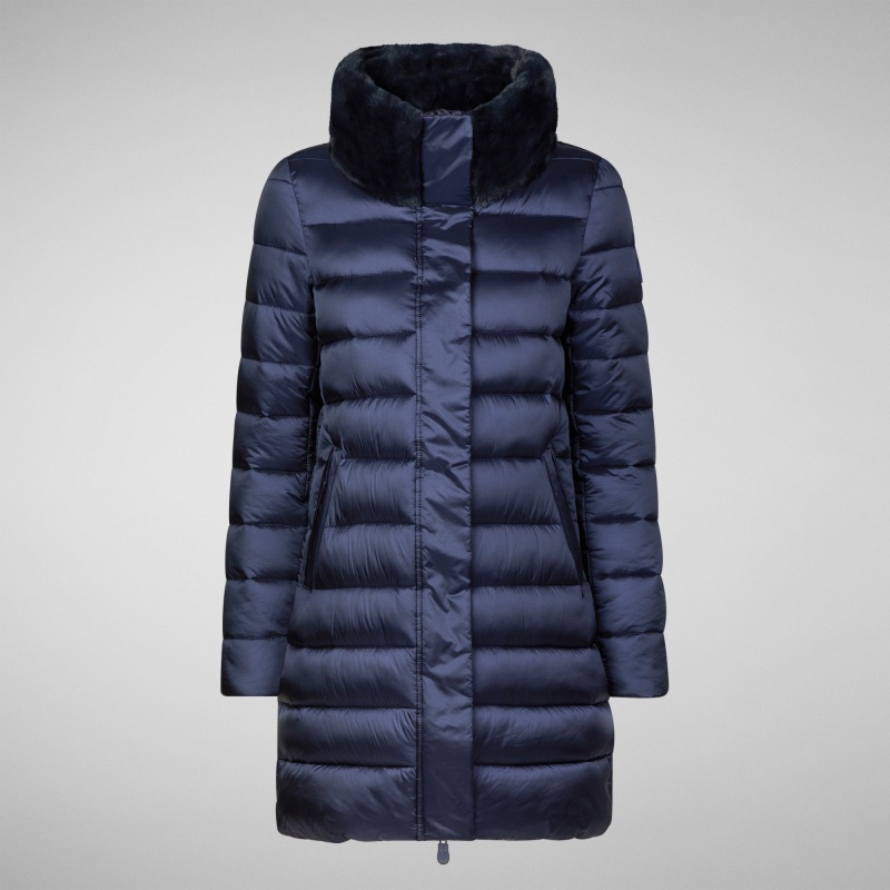 Save The Duck Dalea Puffer Coat with Faux Fur Collar Azules Negras | KNDQG7893