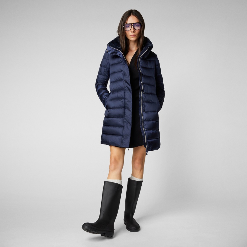 Save The Duck Dalea Puffer Coat with Faux Fur Collar Azules Negras | KNDQG7893