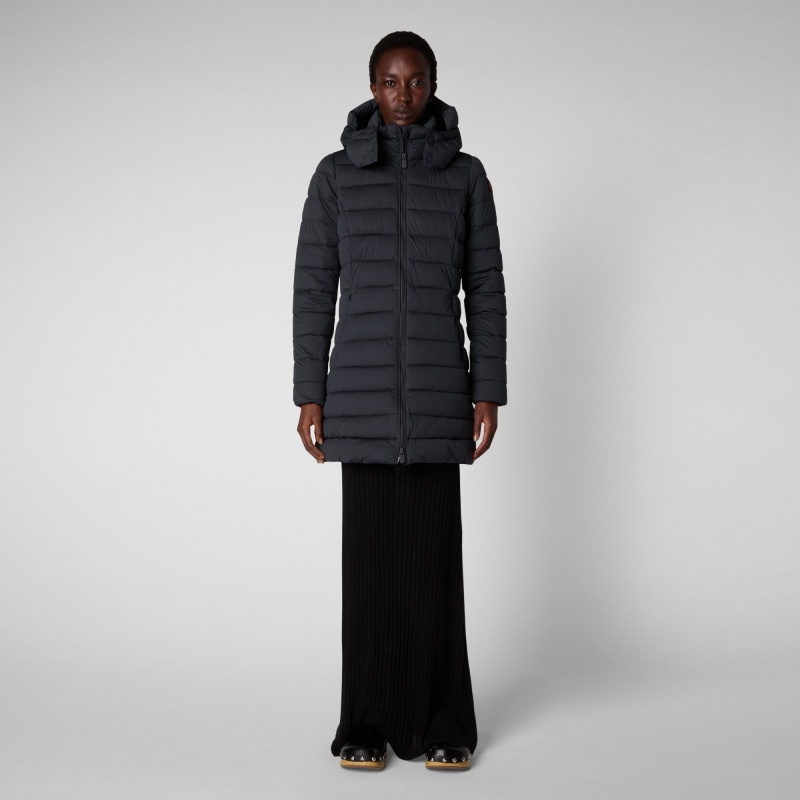 Save The Duck Dorothy Stretch Puffer Coat with Detachable Hood Gris Negras | DVYRQ8654