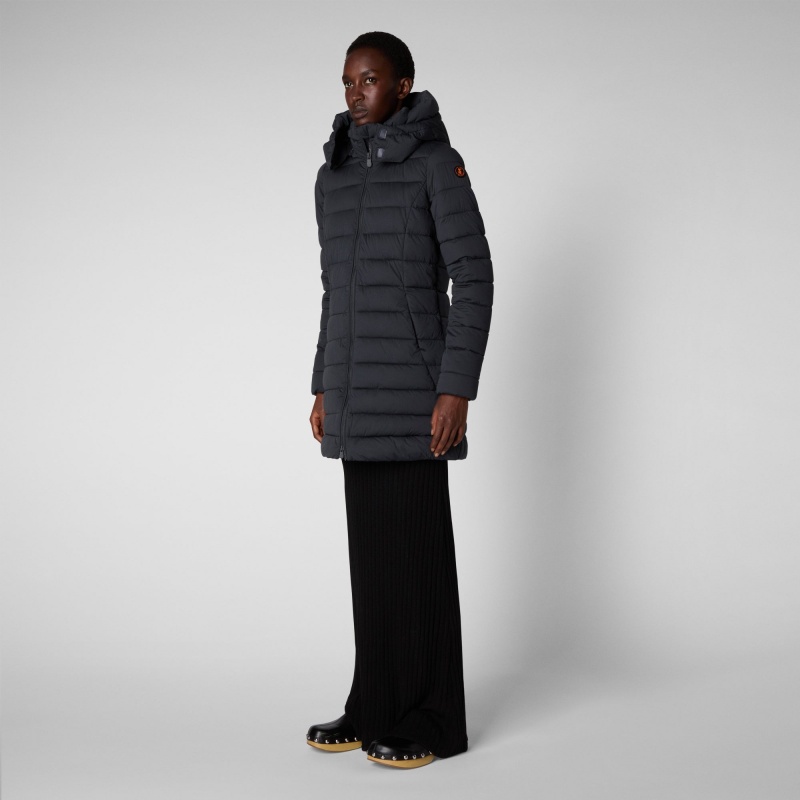 Save The Duck Dorothy Stretch Puffer Coat with Detachable Hood Gris Negras | DVYRQ8654