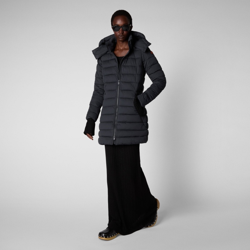 Save The Duck Dorothy Stretch Puffer Coat with Detachable Hood Gris Negras | DVYRQ8654