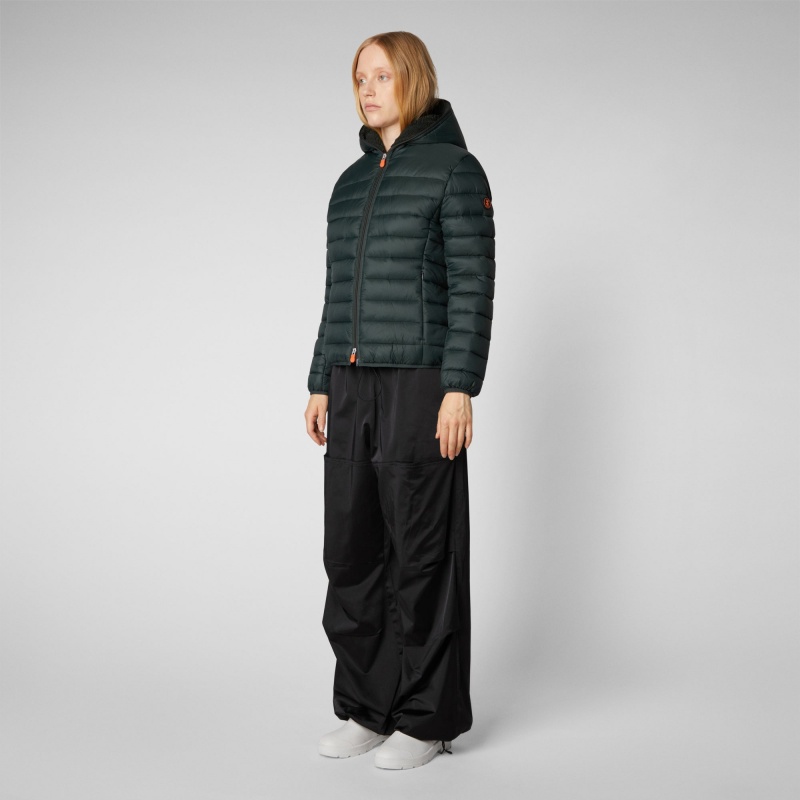 Save The Duck Ethel Encapuchado Puffer Jacket with Faux Fur Lining Verde Negras | GVODS9283